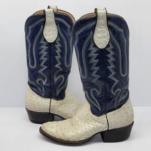 Vintage Crown Boot Company Full Quill Ostrich Cowboy Boots Gray Blue Men's 8D